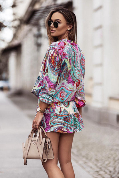 Multicolor Abstract Print Casual V Neck Short Dress
