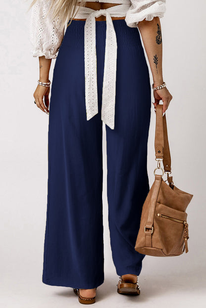 Brown Smocked Wide Waistband High Waist Wide Leg Pants