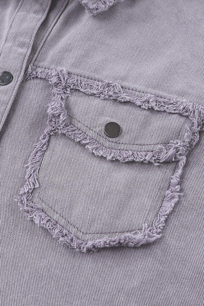 Green Distressed Flap Pockets Frayed Hem Denim Jacket
