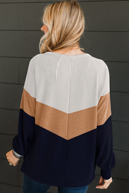 Navy Blue Color Block Corded Tunic Long Sleeve Top