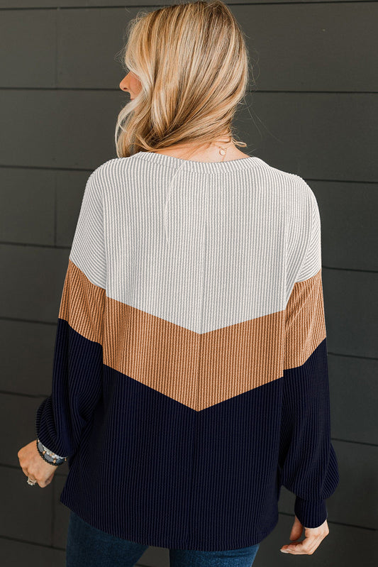 Navy Blue Color Block Corded Tunic Long Sleeve Top