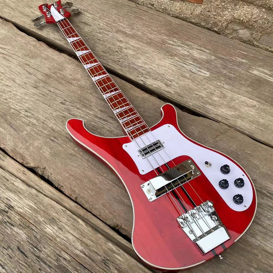 5-piece Neck Thru Body Red Electric Bass Guitar with Adjustable Bridge, Checkerboard Binding