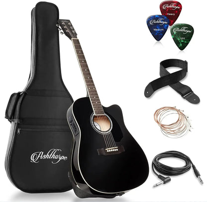Ashthorpe Full-Size Cutaway Thinline Acoustic Electric Guitar Package - Premium Tone woods - Black
