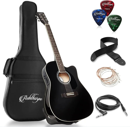 Ashthorpe Full-Size Cutaway Thinline Acoustic Electric Guitar Package - Premium Tone woods - Black