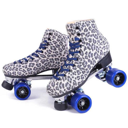 Women's Leopard Spot Suede Leather Quad Roller Skates