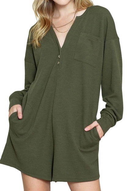 Green Henley V Neck Pocketed Ribbed Romper