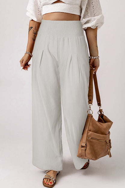 Brown Smocked Wide Waistband High Waist Wide Leg Pants