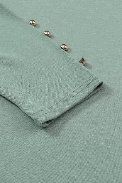 Green Basic Buttoned Puff Long Sleeve Sheath Top