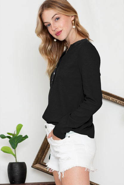 Gray Solid Color Waffle Knit Long Sleeve Henley Shirt