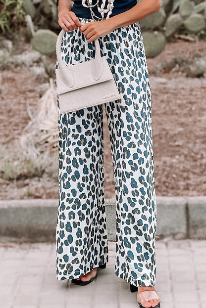 White Leopard Print Casual Drawstring Pocketed Wide Leg Pants