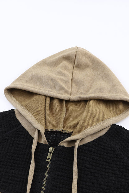 Khaki Dark Washed Patchwork Zip Up Hooded Jacket