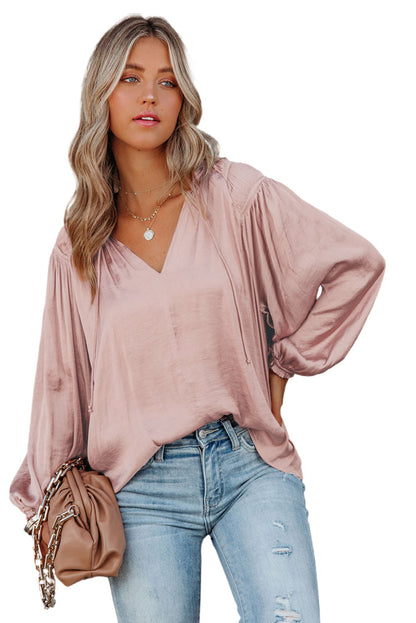 Black Pleated Balloon Sleeve Drawstring V-Neck Blouse