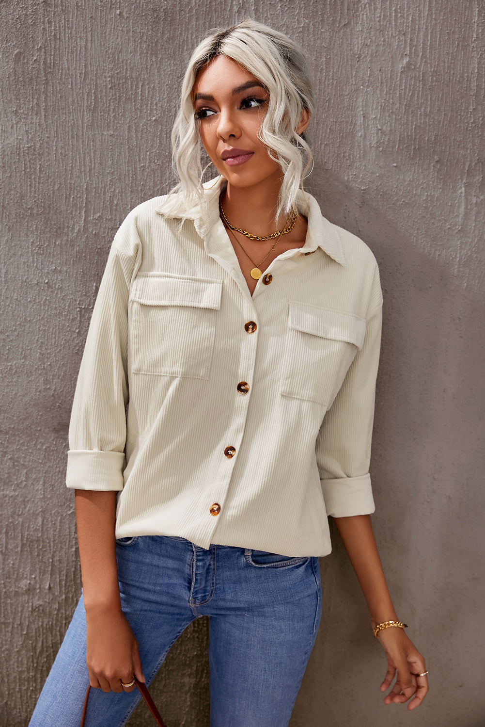 Pocketed Button Ribbed Textured Shacket