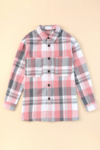 Pink Long Sleeve Collared Button Up Flannel Shacket