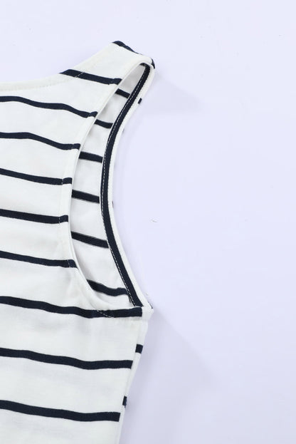 Dark Blue Striped V Neck Sleeveless Side Slits Maxi Dress