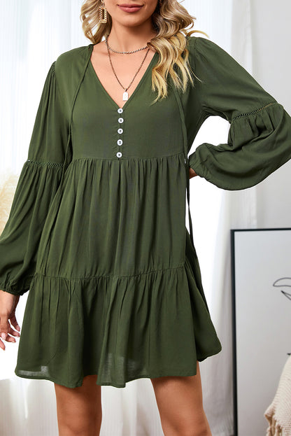 Verdant Bishop Sleeve Tie Front Tiered Pleated Short Dress