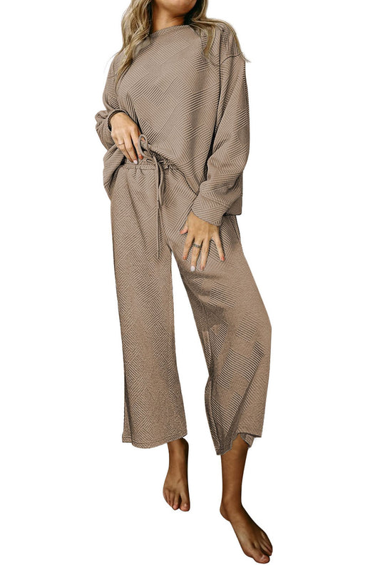 Dark Brown Textured Loose Slouchy Long Sleeve Top and Pants Set