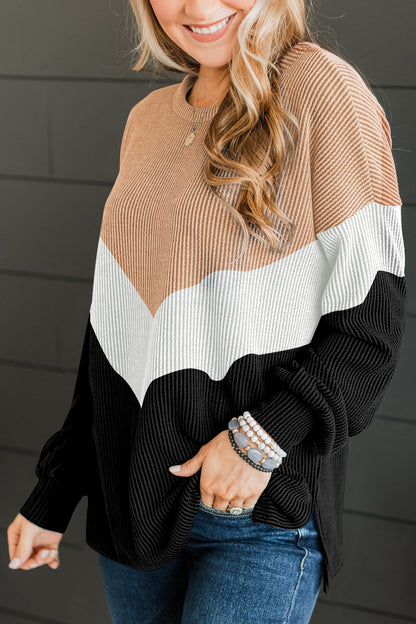 Navy Blue Color Block Corded Tunic Long Sleeve Top