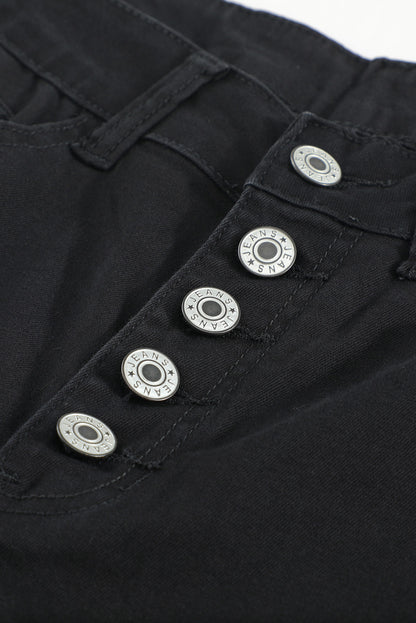 White Plain Buttons Frayed Raw Hem High Waist Denim Jeans