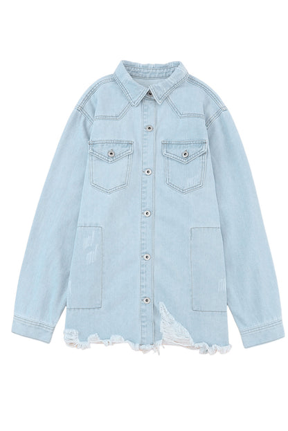 Light Blue Flap Pocket Buttoned Raw Hem Denim Shacket
