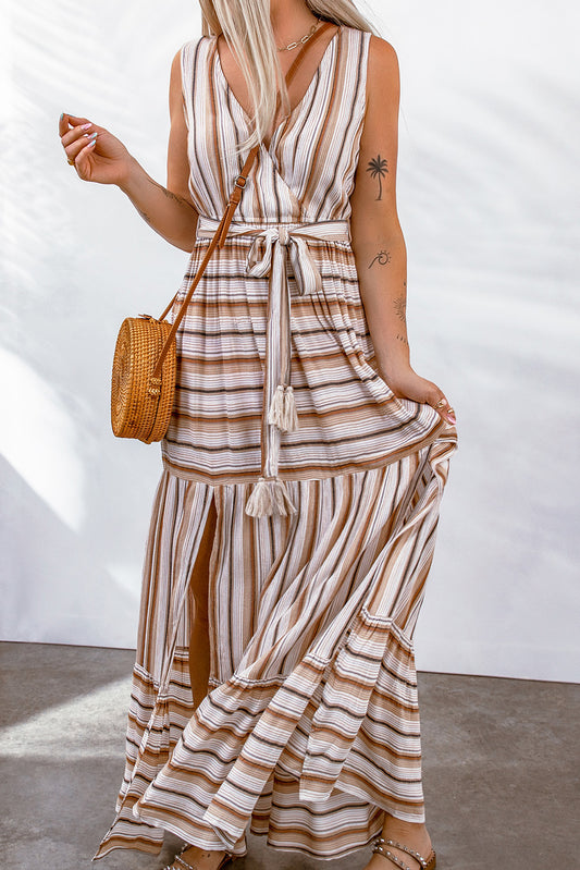 Khaki Casual Striped Split Sleeveless Maxi Dress