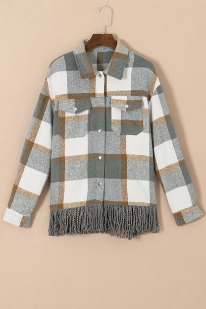 Black Plaid Snap Button Pocket Fringed Hem Shacket