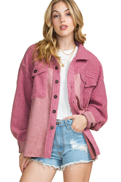 Pink Colorblock Buttoned Flap Pocket Sherpa Jacket