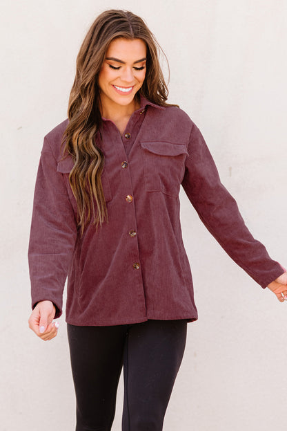 Pocketed Button Ribbed Textured Shacket