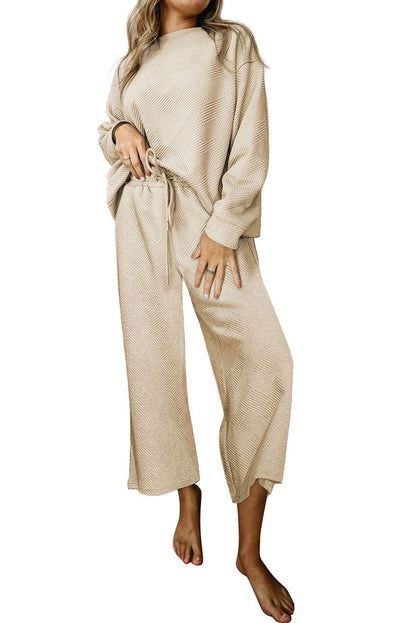 Dark Brown Textured Loose Slouchy Long Sleeve Top and Pants Set