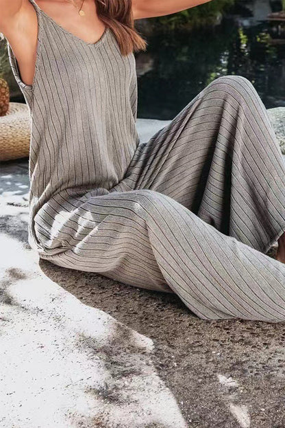Gray Solid Thread Spaghetti Strap Wide Leg Jumpsuit