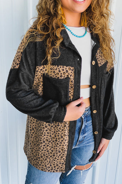 Black Casual Leopard Print Patchwork Shacket