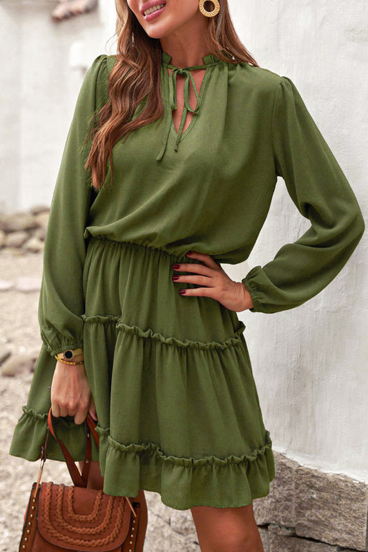 Olive Green Casual Lantern Sleeve V Neck Short Tiered Dress