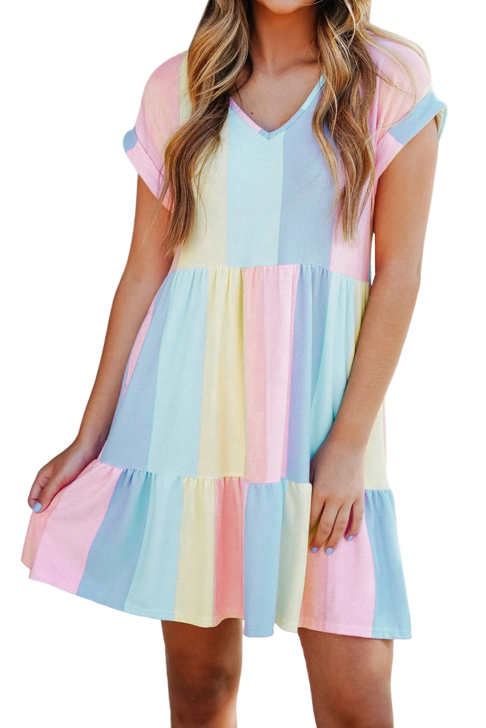 Red Multicolor Striped Color Block Tiered Short Dress