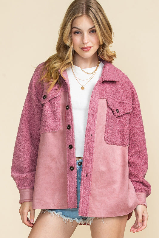 Pink Colorblock Buttoned Flap Pocket Sherpa Jacket