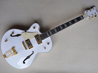 Left Hand White Semi-hollow Electric 6 StringGuitar s with Big Tremolo,Rosewood Fretboard,Cream Pickguard