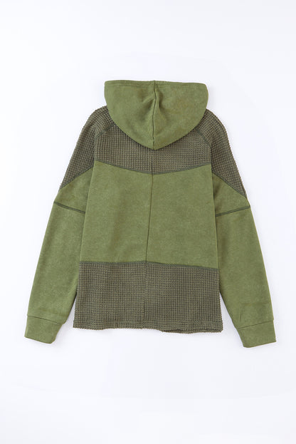 Khaki Dark Washed Patchwork Zip Up Hooded Jacket