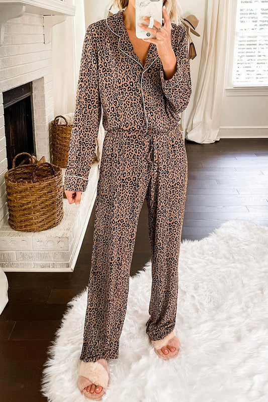 Leopard Print Lapel Neck Shirt and Drawstring Pants Loungewear Set