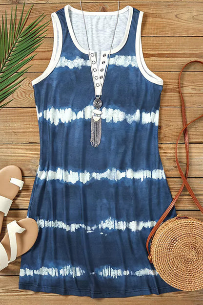 Blue Tie Dye Striped Button Notch V Neck Short Tank Dress