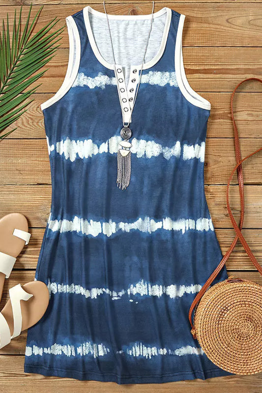 Blue Tie Dye Striped Button Notch V Neck Short Tank Dress