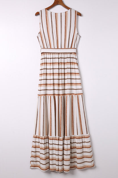 Khaki Casual Striped Split Sleeveless Maxi Dress