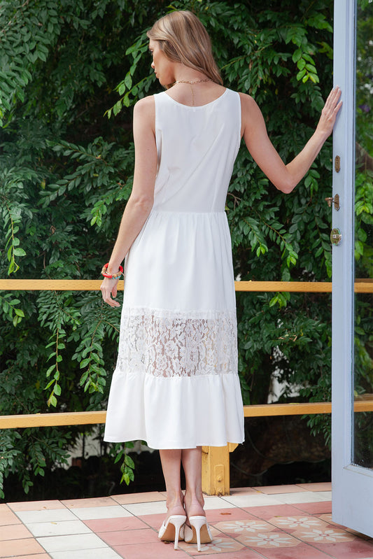 White Elegant Lace Deep V Wedding Guest Sleeveless Maxi Dress