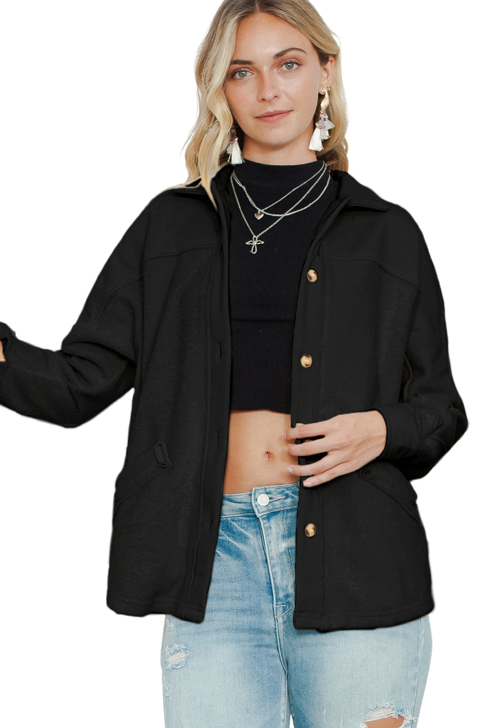 Beige Button-Up Stitching Pocketed Shacket