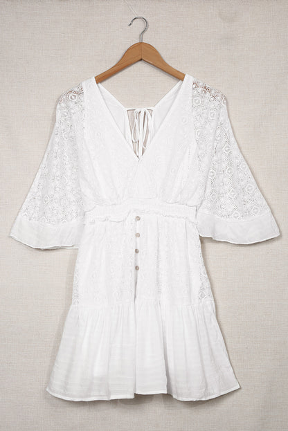 White V Neck Flutter Sleeve Short Crochet Lace Dress
