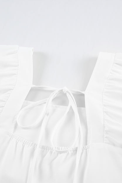 White Square Neck Ruched Casual Short Dress