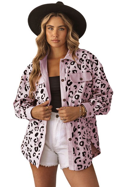 Apricot Leopard Collared Neckline Flap Pockets Corduroy Shacket