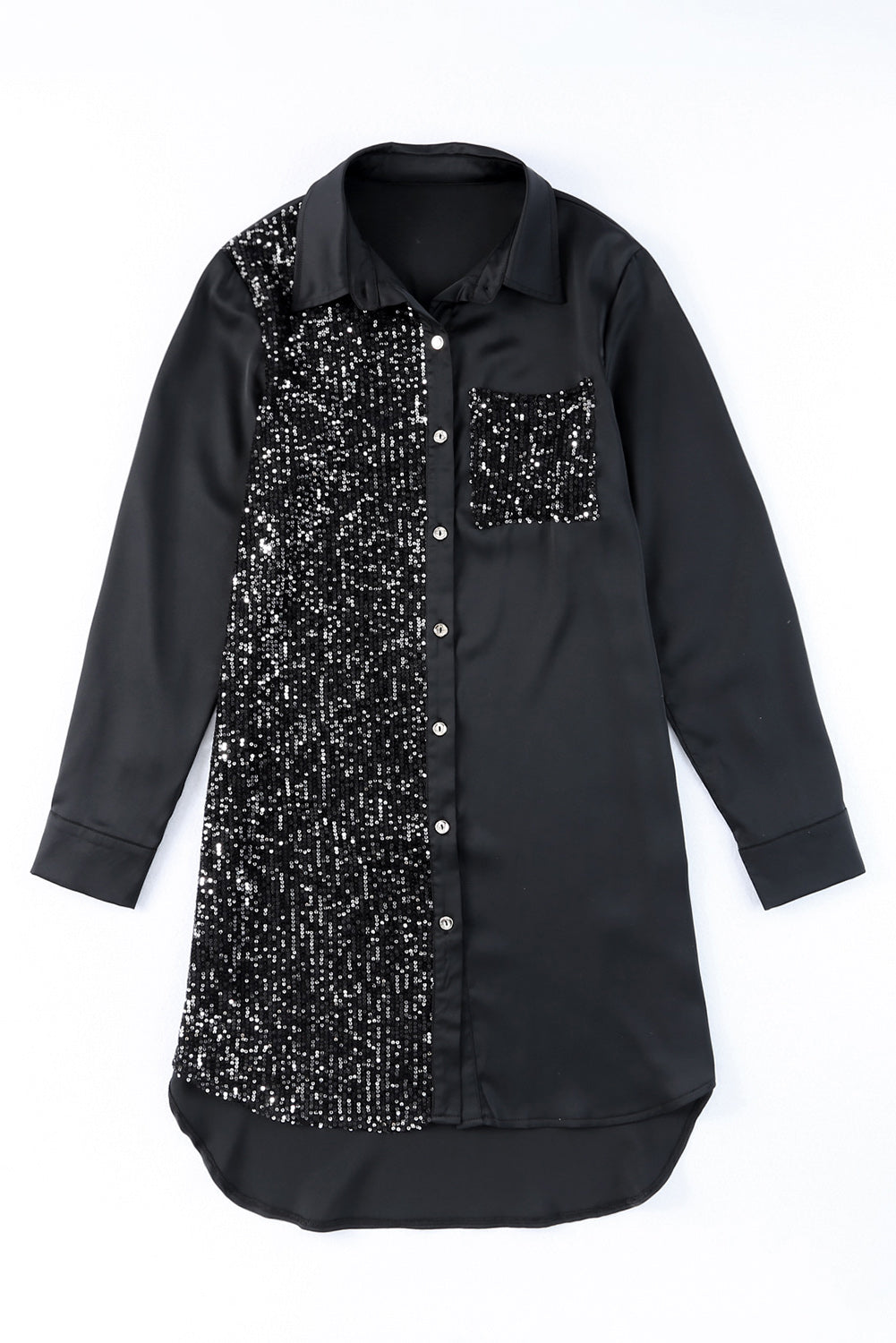 Khaki Sequin Splicing Pocket Button Shirt Dress