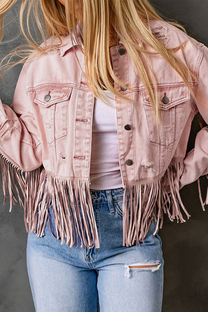 Pink Distressed Ripped Fringe Hem Cropped Denim Jacket