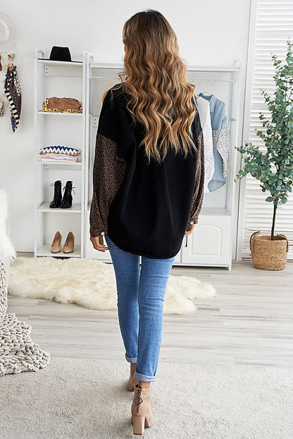 Black Contrast Leopard Denim Shacket