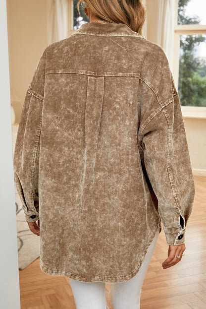 Khaki Vintage Distressed Mineral Wash Oversized Shacket