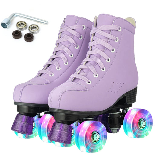 Women's Purple PU Leather Quad Roller Skates with LED Wheels